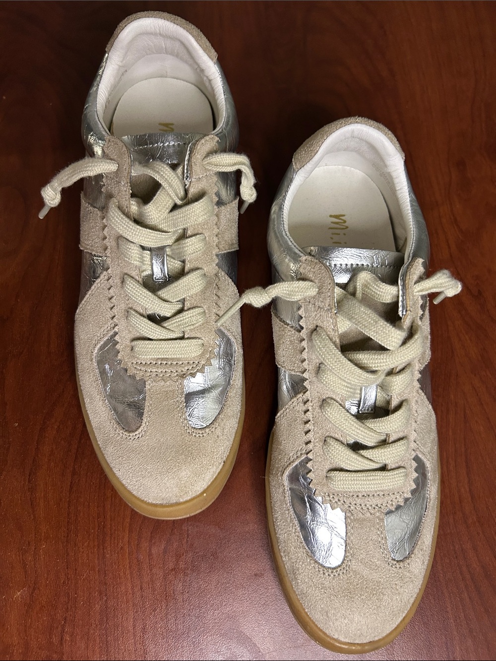 Mi.iM Neutral Suede Sneakers with Metallic Silver Panels